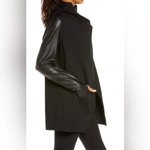 SPANX Black Faux Leather Drape Front Convertible Ponte Jacket SZ S